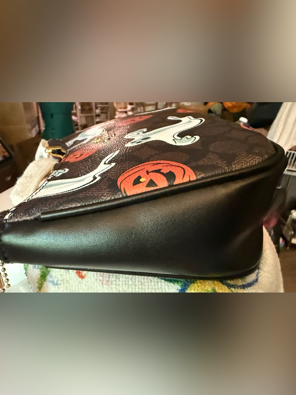 Coach Mini Shoulder Bag in Brown with Orange & White Halloween Print - Picture 5 of 12